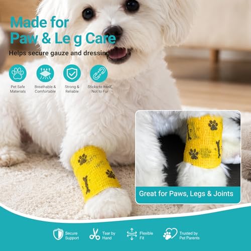 Dog Bandage Wrap, 6 Rolls 2" x 5 yd Bone Print Pet Tape | Dog wrap bandage for paw & leg care, minor wounds, hotspots, broken nails, gauze pads & licking protection - color: BO-6ROLL-2IN