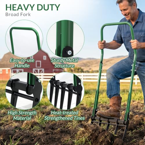 BroadFork Garden Tool, Heavy Duty 5-Tine Broad Fork Hand Tiller, Garden Pitchfork with Ergonomic U-Shaped Handle, Digging Fork for Gardening, Cultivating