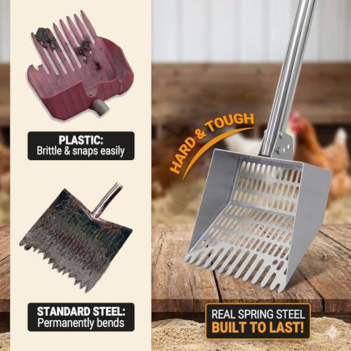 Chicken Poop Scooper Spring Steel Shovel 38-66in Extendable Handle | 3 Adjustable Angle Sifting Shovel Professional Poultry Litter Cleaner for Chicken Coop, Duck, Goat and Sand - size: 9" W x 2.5" D