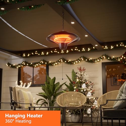 1500W Electric Patio Heater, Hanging Infrared Outdoor Heater with Carbon Fiber Heating, Waterproof Ceiling Mounted Heater for Gazebo, Porch, Garage & Covered Patio - color: Black