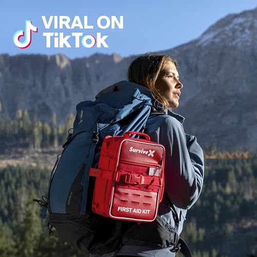 SurviveX Large Pro First Aid Kit, Labeled Pockets, Zip Stitch Wound Closure | Emergency kit for 5-6 people, close wounds without stitches, organized first aid for car, home, travel, camping, outdoors