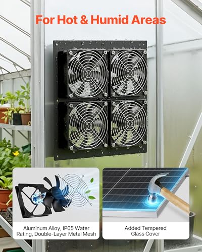VEVOR Solar Powered Fan, 25W Solar Panel with 4 Fans, Adjustable Solar Panel Angle, 2668 RPM High-Speed, Flexible Installation, Fast Air Exchange for Greenhouse, Grow Tents, Chicken Coops, Shelters - size: 4.7" Fan×4 -25W