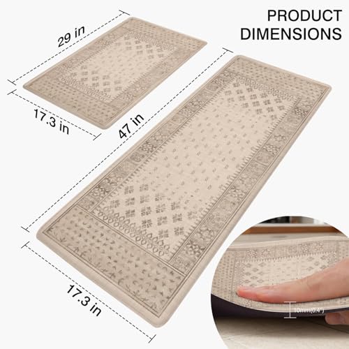 Kitchen Anti-Fatigue Mat, 2PCs, 17.3"x47"+17.3"x29", 0.4" Thick | PVC Non-Slip Cushioned Comfort Washable Floor Rug, Ergonomic Standing Rugs, Easy Clean for Home, Sink, Laundry - color: Beige-1