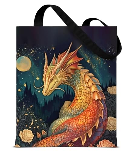 Vintage Botanical Animal Canvas Tote Bag for Women, Aesthetic Floral Animal Reusable Shoulder Bag for Shopping - color: Dragon_02