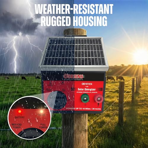 O'Briens Solar Fence Energizer 0.15 Joule | Electric Fence Charger for Up to 10 Miles / 30 Acres | Portable Unit for Poultry, Gardens, Pastures, Livestock Protection & Wildlife Exclusion
