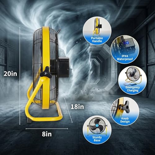 18in 30W solar panel fan Quiet 3-Blade Yellow | 30W High-Efficiency Solar Panel, Quiet, Waterproof, Rechargeable 24000mAh, For Outdoor, Camping, Pet House