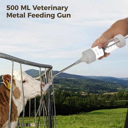 yeesport 500ml Metal Feeding Gun, Dosing Syringe for Cattle Sheep Horses | Adjustable dosing with scale; curved nozzle protects mouth; ergonomic grip; easy disassembly for cleaning; for pigs too