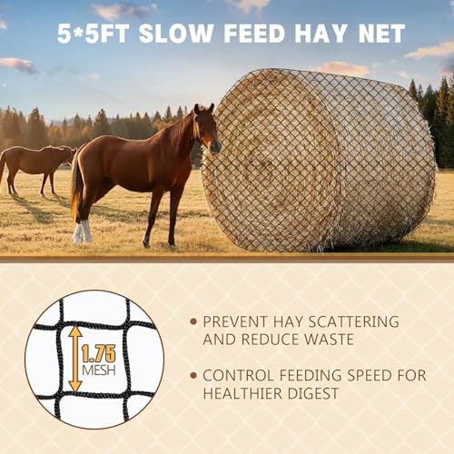 Large Round Bale Hay Net for Horses, 5x5 ft Hay Nets for Horses Slow Feed Knotless, Slow Feeder Hay nets for Horses, Fits Round Bales 4x4ft and 5x5ft, Square Bales 3x3x8ft and 4x4x8ft - size: 5x5 Ft