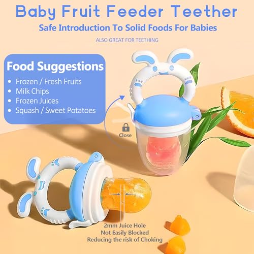 Baby Fruit Feeder Pacifier | 2 Infant Food Feeder Pacifier & 2 Baby Food Dispensing Spoon | Fresh Fruit Teethers for Babies | Silicone Feeder Babies,Infant Teething Feeders (Blue-Rabbit) - color: 04-Blue