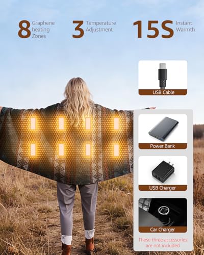 Heated Wearable Blanket, Faux Cashmere Electric Throw with 3 Heating Levels, USB-C Powered, Southwestern Pattern, 40x65 Inches (Brown(Thick)) - color: Brown(thick)