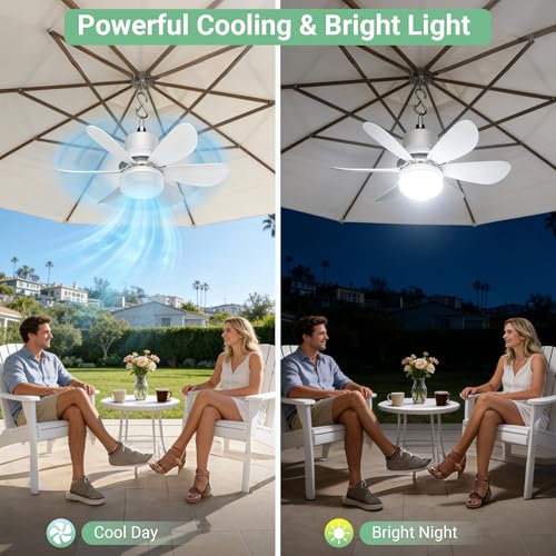 Solar Fan for Gazebo with Light | Solar Powered Ceiling Fan with Remote | 18000mAh Rechargeable | 17.5'' Portable Outdoor Hanging Fans for Pergola| Backyard| Camping| Tent| RV Canopy, IP54 Rated