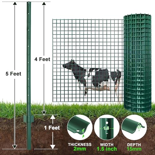 Fence Post 5 Feet / 60 Inch, Pack of 10, Heavy Duty Metal Fence Posts, No Dig U Post with U-Channel, Adjustable Tabs & Anchor Plate, Rust-Proof Steel Fence Stakes for Garden, Farm, Lawn, Poultry - size: 5 Feet