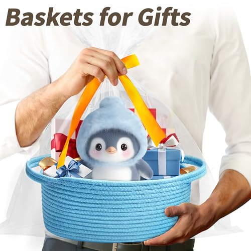 Pro Goleem Small Woven Basket with Gift Bags and Ribbons Durable Baskets for Gifts Empty Small Rope Basket for Storage 12"X 8" X 5" Baby Toy Basket with Handles, Blue - color: Blue