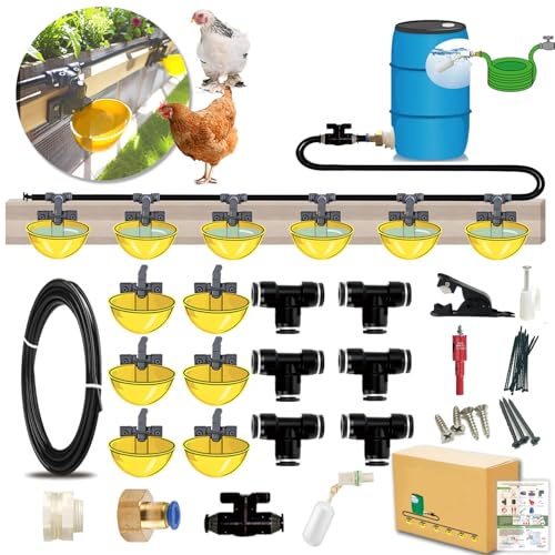 Automatic Chicken Water System, Complete Set with Large Water Cup,Pipeline | Innovative Quick-Connect Chicken Water System, Water Cups Removable and Washable, 18ft Pipeline and Float Valve , 6Cups - size: 6Cups