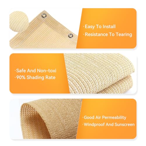 90% 10x30 FT Sun Shade Cloth, UV Resistant with Reinforced Grommets, Beige | Blocks harsh sun & UV rays while breathable HDPE mesh creates cooler outdoor spaces for pergolas, patios, gardens & backyards