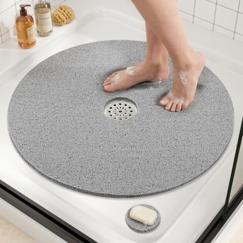 HITSLAM Non Slip Shower Mat, 27 Inch Diameter Large Round Shower Foot Scrubber Mat with Drain Hole in Middle,Soft PVC Loofah and Quick Drying Shower Floor Mat for Standing Shower Stall, Grey - color: Grey, size: 27" (Round)