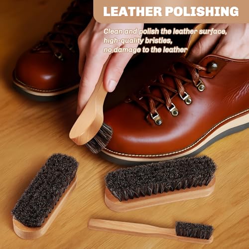 4 Pcs Horsehair Shine Shoes Brush Kit Polish Dauber Applicators Cleaning Leather Shoes Boots Care Brushes Suede Cleaner Brush with Microfiber Shoe Cloth(Wooden Style A) - style: Wooden Style A