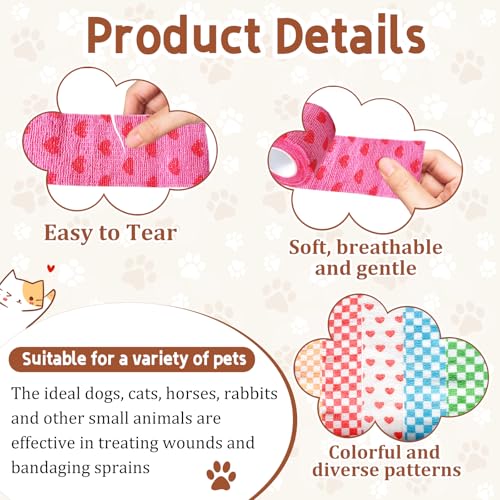 6 Pack 2 Inch x 5 Yards Checkered and Heart Print Pet Vet Wrap for Dogs, Cats, Horses, Non-Woven Self-Adhesive Cohesive Bandage Rolls for Wound Care, Ankle Sprains, Swelling, First Aid Protection - color: Checkered and Heart Print