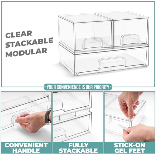 Sorbus Clear Stackable Storage Drawers (3 Pack, 4.4'' Tall and 12.1'' Wide) | Acrylic containers with pull-out bins keep cosmetics, brushes and daily items sorted on bathroom counters or in cabinets. - size: 3 Pack, 4.4’’ Tall and 12.1’’ Wide