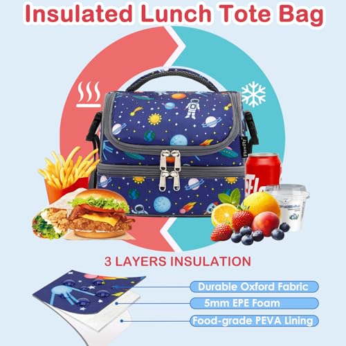 FlowFly Kids Double Decker Cooler Insulated Lunch Bag Large Tote for Boys, Girls, Men, Women, With Adjustable Strap, Astronaut - color: Astronaut