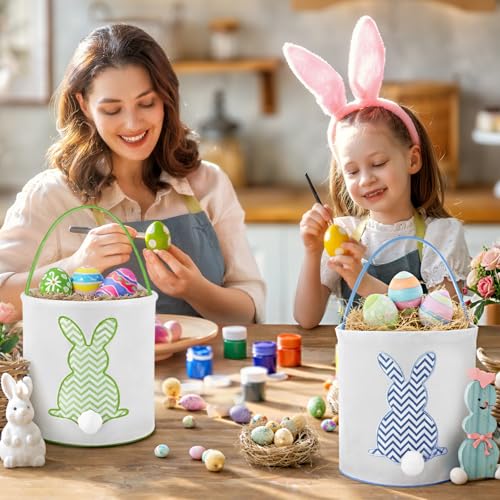 Honeydak 4 Pcs Easter Baskets for Kids Bunny Easter Egg Hunt Bags Canvas Tote Gift Bags Egg Buckets with Handles for Eggs Hunt, Toys, Candy, Gifts Party Favors(Pastel Stripe Bunny) - style: Pastel Stripe Bunny