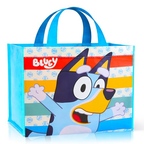 Bluey Tote Bag, Medium Reusable Grocery Bag Bundle for Kids Adults | Bluey 12" Tote Bag for Shopping Groceries Bleach Gift Bags for Boys Girls, Stickers, More