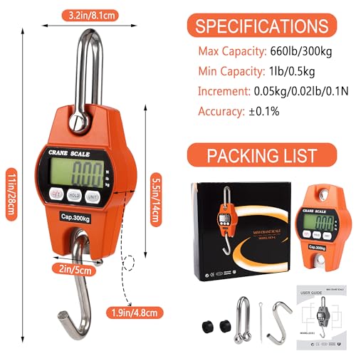 660lb/300kg Digital Crane Scale - Compact LCD Handheld Hanging Scale for Garage, Farm, Hunting, Fishing & More(300kg/Aluminium Alloy/Orange) - color: 300kg/Aluminium Alloy Shell/Orange