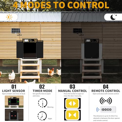 Large Automatic Chicken Coop Door Solar Powered | Charge with 7W Solar Panel Auto Chicken Door, Aluminum Electric Poultry Door with Time & Light Sensor, Remote Control