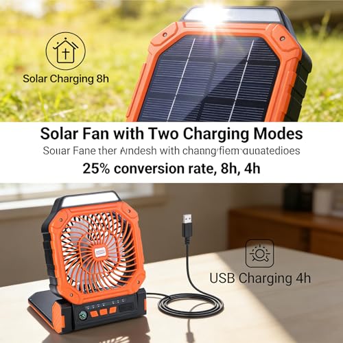 Solar Fan with LED Lantern - 10W Solar Panel Rechargeable Battery Powered Camping Fan for Outside, Portable Battery Operated Hurricane Supplies for Picnic, Barbecue, Fishing, Travel
