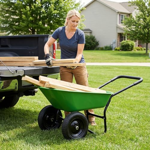 IRONMAX Dual-Wheel Wheelbarrow with All-Terrain Wheels, 220LBS, Light Green | Heavy Duty Wheel Barrow Gardening Cart, Yard Cart with Built-In Stand for Lawn, Farm & Planting - color: Light Green