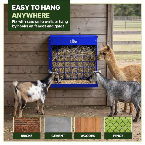 Wall Mount Hay Rack And Hay Feeder For Goats Sheep And Horses, Covered Galvanized Steel Goat Hay Feeder With Hinged Roof, 25 Gallon 2-In-1 No Waste Hanging Holder Grain Bin with hook For Cattle - color: Blue