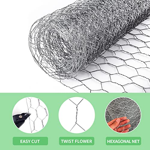 Chicken Wire 13.7 in x 236 in Poultry Wire Netting Hexagonal Galvanized Mesh Garden Fence Barrier for Craft Projects, Pet Rabbit Chicken Fencing - color: Silver, size: 13.7"x236"+0Ties
