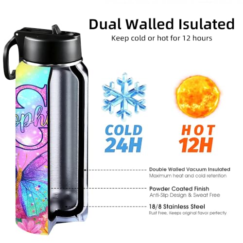 Personalized Butterfly Water Bottle for Girls with Name | 18oz, Stainless Steel, With Straw, Back to School Birthday Gift - color: Color 10