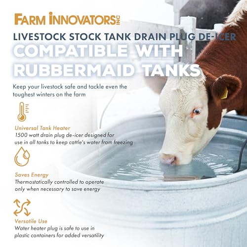 Farm Innovators DPH-15 Outdoor Water Tank Heaters Livestock Stock Tank Drain Plug Water De-Icer Designed for Rubbermaid Tanks, Brown | Thermostatically controlled heater operates only when necessary, for use in all Rubbermaid stock tanks - size: Single