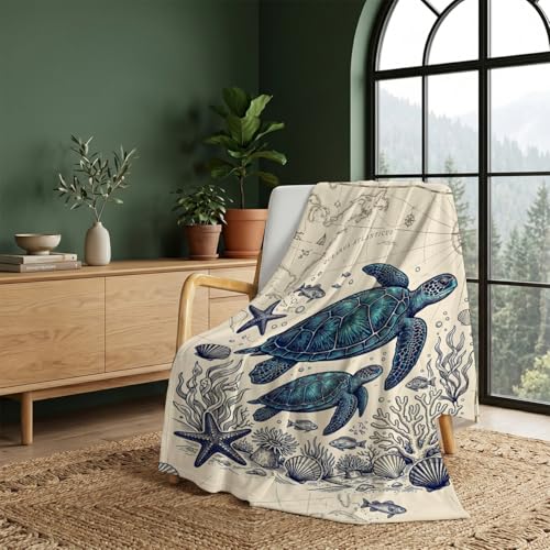Vintage Nautical Turtle Throw Blanket, Flannel Fleece 50" x 60" | Yujiiso Vintage Nautical Sea Turtle Blanket Lightweight Decor for Living Room, Bedroom, Office and Travel, Home Decor Gift - color: Vintage Nautical Sea Turtle, size: 50"x60"
