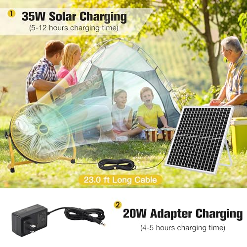 Fanspex 18" Solar Rechargeable Floor Fan for Outdoor Gazebo Greenhouse Barn | 83 Wh Battery Operated Fan, 360° Tilt with 35W Solar Panel Powered for Patio Camping Cooling or Air Circulation - size: 18"