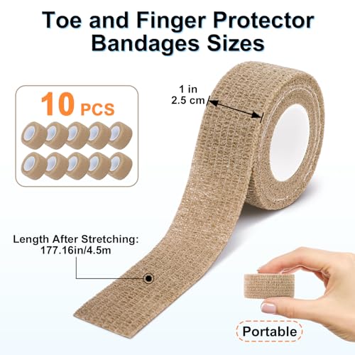 10 Rolls Self-Adhesive Bandages Wraps, Toe Caps & Toe Covers Bandages Set for Sports, Wrist, Ankle, Toes Fingers Protector (Beige) - color: Beige
