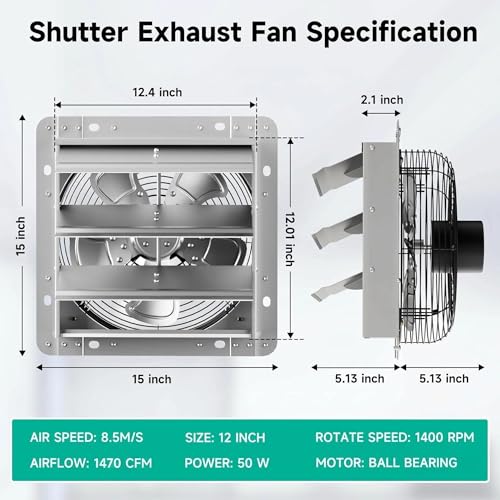 12" Shutter Exhaust Fan,1470CFM,5-Blade,Ball Bearing,Power Switch | 50W for workshops,barns,attics,garages and sheds.Foam sealing edge blocks drafts,rain and bugs.Rust-proof steel construction - size: 12in