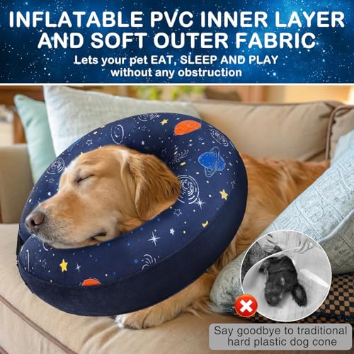 SCENEREAL Soft Dog Cone Alternative After Surgery for Large Medium Dogs | Inflatable Recovery Pillow Collar for Dogs, Adjustable Neck Donut to Stop Licking, Planet Print E-Collar,L - color: Navy Blue Planet, size: L(Neck 16"-18")