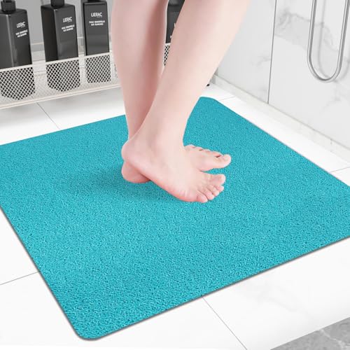 Square Non-Slip Shower Mat 24x24 Inches, Quick-Draining Bath Mat for Shower Floor, PVC Loofah Textured Shower Stall Mat, Secure Anti-Slip Bathroom Mat, Boho Style Bath Mat (Blue) - color: Blue