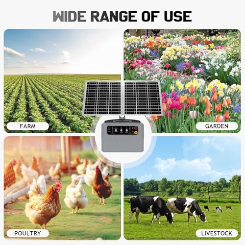 15W Solar Fence Charger, 6-12KV Adjustable Output 1.5J, 30 Miles | 24H Continuous Solar Powered Electric Fence Kit for Livestock, Predator Protection, Gardens, Orchards, Dogs, Pets, Poultry