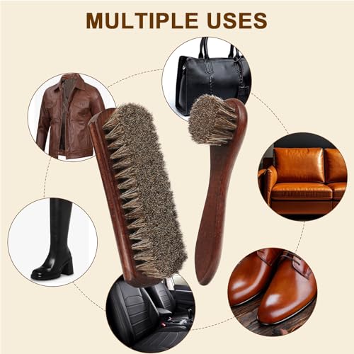 3-Piece 100% Horse Hair Shoe Brush Kit for Leather Care – Professional Dauber Applicators and Polishing Brushes with Cleaning Cloth for Leather Shoes, Boots, Bags, Jackets & Car Detailing