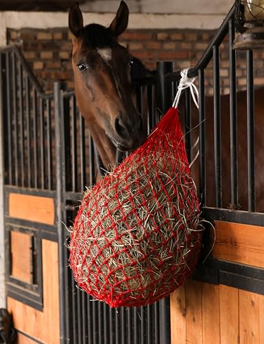 Harrison Howard Slow Feed Hay Net for Horses, 40 Inch Hay Bag Holds 1–2 Flakes, 2 Inch Mesh Durable Hanging Feeder for Stable, Pasture & Livestock-Red - color: Red