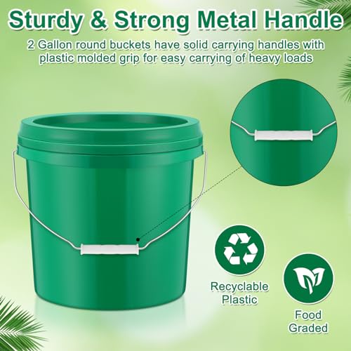 Tioncy 24 Pcs 2 Gallon Plastic Buckets with Lids and Handles,Green | Storage Pails for Paint, Cleaning, Organizing, Durable Containers, Metal Handles, Plastic Material - color: Green