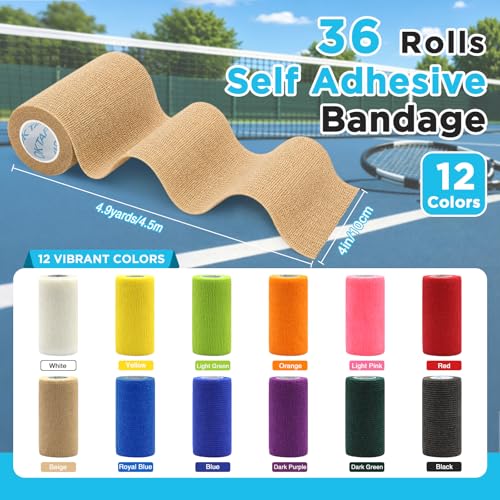 OK TAPE Self Adhesive Bandage Wrap 4 Inch x 5 Yds 36 Rolls - White | Elastic Cohesive Bandage Wrap Supports Wrists & Ankles Without Clips Ideal for Sports First Aid Vet care - color: White, size: 4inx5yds