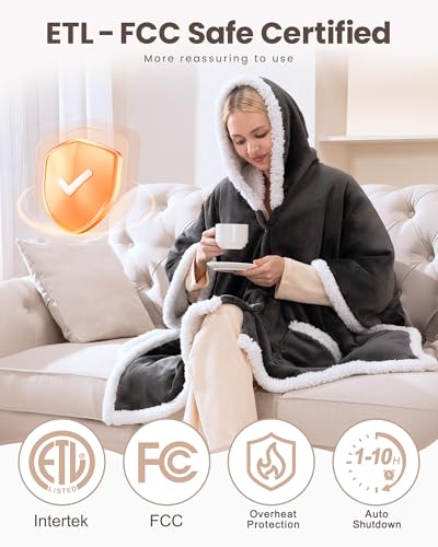 Wearable Heated Blanket with Foot Pocket, Flannel & Sherpa,50"x64",Grey,ETL | Wearable Electric Throw Blanket with Sleeves,9 Heating Levels Snuggle Warm Blanket,2H-10H Auto Off Heated Robe,ETL Certified - size: 50"x64"