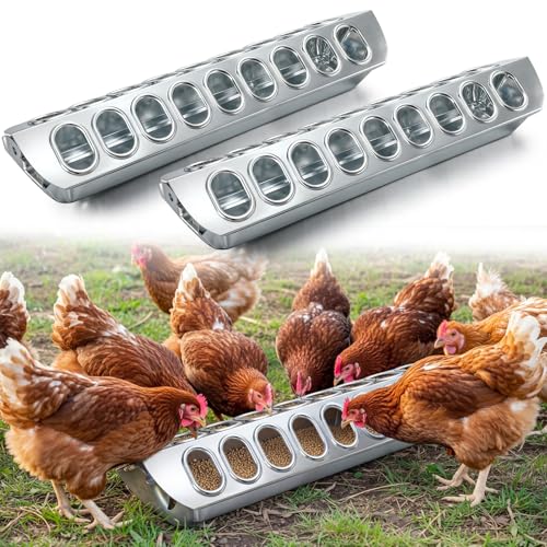 Potchen 2 Pcs Slide-top Poultry Feeder Durable Galvanized Metal Chicken Feeder Trough with Removable Top Trough Multi-Hole Tray for Pigeon Quails Duckling Birds Duck Chicken(15.5 Inch) - size: 15.5 Inch