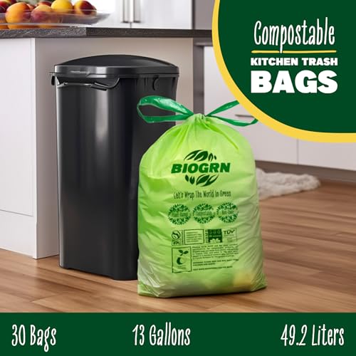 10-13 Gallon Compostable Trash Bags Drawstring 30 Bags Heavy Duty Extra Thick 1 Mil 49.21 Liter Biodegradable Trash Bags Compost Bags Green for Kitchen ASTM D6400 US BPI and OK Compost Home Certified - color: 13 Gallon Drawstring, 30 Count