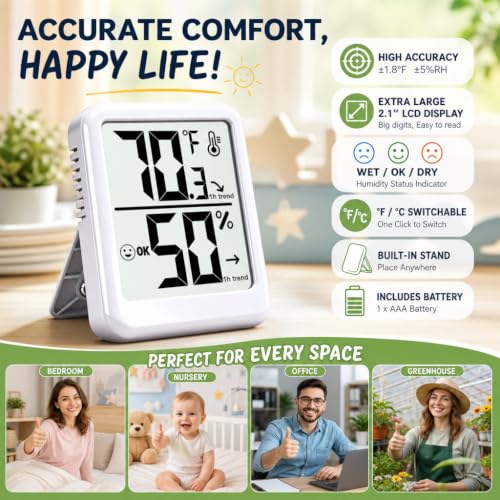 Room Thermometer Indoor Hygrometer Digital Humidity Meter | Accurate Sensor, Fast Refresh, Big Digits, Easy to View, ℉/℃, w/ AAA Battery, Compact for Home, Office, Pet, Plant - color: White - Upgraded Version, size: 1 - Pack