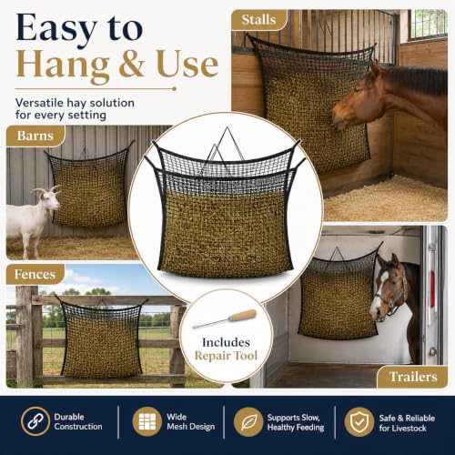 2.6x2.6 Ft Round Bale Hay Net for Horses & Goats, 1.2" Holes Slow Feeder Hay Nets with Hay Net Repair Tool - size: 2.6*2.6 FT
